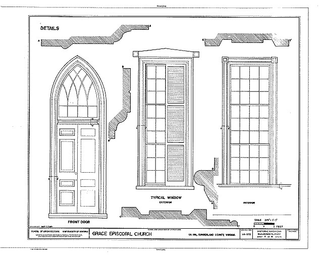 Detailzeichnung eines Kirchengebäudes.